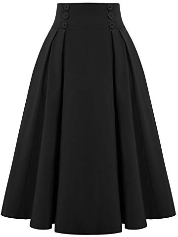 Belle Poque Women's Flared A Line Skirt High Waist Pleated Skirt Black,Large