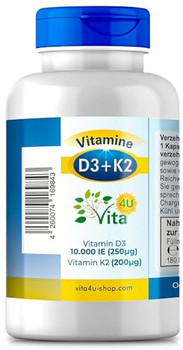 Vitamin D3 10.000 IE + K2 200 μg Depot | 180 Premium Kombi-Kapseln | vegan & hochdosiert | Vitamin D3 + K2 Kapsel von Vita 4U