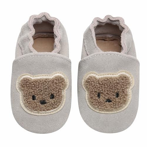 IceUnicorn Baby Lauflernschuhe Krabbelschuhe Baby Mädchen Jungen Lederpuschen Weicher Leder Wildledersohlen Lederschuhe Babys(Grauer Bär, 12-18 Monate)