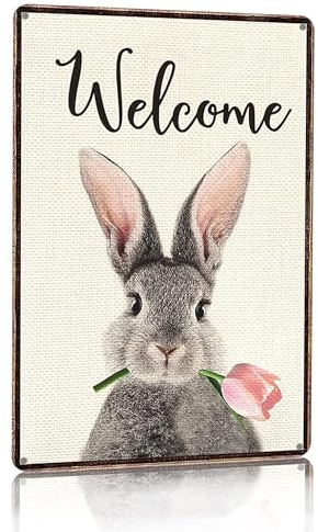 Smilelife Funny Bunny Tulip Welcome Vintage Tin Sign for Home Room Yard Garden Party Spring Decor 8 x12 Inch (3093)