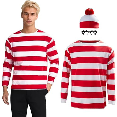 Seaehey T-shirt rayé rouge et blanc à manches longues, chemise rayée, sweat-shirt avec lunettes et bonnet, costume de cosplay, tenue de fête d'Halloween pour adultes