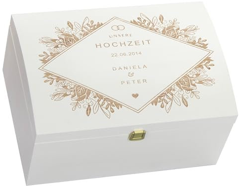 LAUBLUST Holztruhe zur Hochzeit mit Verschluss - Personalisierte Geschenkkiste mit Gravur | ca. 35x25x19 cm - Hochzeitstruhe personalisiert mit Namen & Datum - FSC® (Florale Raute, Weiß ohne Schlitz)