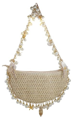 DEBIMY Women Pearl Straw Clutch Purse Woven Summer Beach Evening Bag Wedding Party Straw Shoulder Handbag Beige