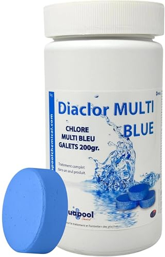 Chlore Multi Blue Galets de 200g MultiFonctions - Traitement tout-en-un pour Piscine - Désinfectant, Algicide, Stabilisant, Clarifiant - Maintient l'eau transparente et cristalline - Sans cuivre (1KG)