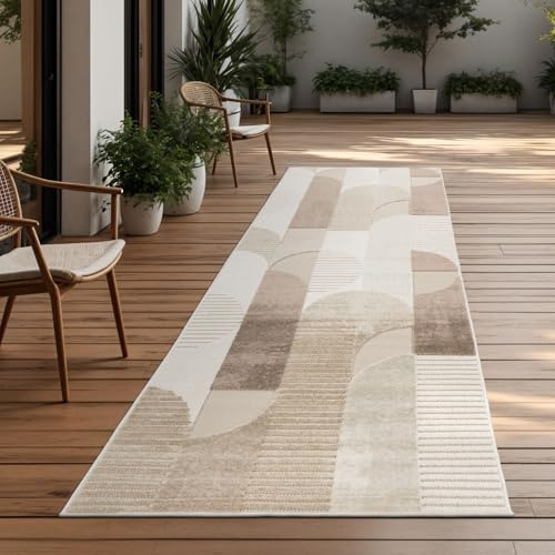 TT Home In-& Outdoorteppich Wetterfest Balkon Schlafzimmer Boho Skandi Motiv Unifarben Geometrische Optik Moderner Style, Größe:80x250 cm, Farbe:Beige