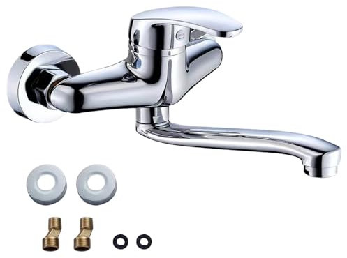 Mineup Grifo de Cocina de Pared, Giratorio 360°, Acero Inoxidable, Plata, Montaje en Pared, Mezclador Monomando, Válvula de Disco, Giratorio 360°, Fácil de Instalar, 25 cm