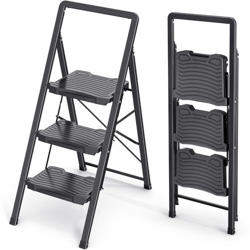 KINGRACK 3 Folding Step Ladder with Handrail, Steel Step Stool, Black