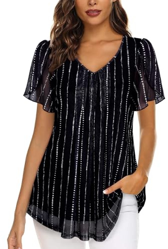 ACDAY Chiffon Tops for Women UK Short Sleeve Blouse Ladies Dressy Top Loose Tops for Womens Women Shirts and Blouses UK Ladies Chiffon Blouses for Womens Lightweight Mesh Blouse Shirts