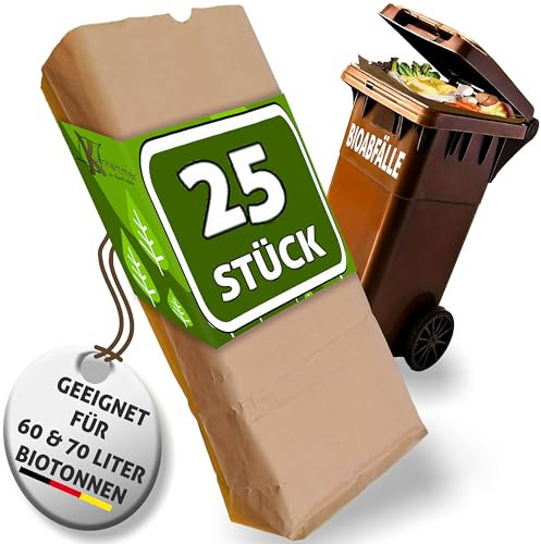 Lot de 25 sacs poubelle biologiques - 60 l - 70 l - Sacs poubelle bio - Sacs poubelle en papier pour poubelle bio sans asticots - Sacs en papier pour déchets de jardin