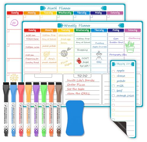 Magnetic Fridge Calendar Whiteboard Set of 3 – Weekly Planner, Monthly Planner & Shopping List, Family Meal Planner for Refrigerator with 8 Magnetic Markers & Eraser