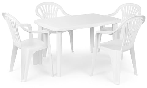 PALUPLUS Set Tavolo Ovale da Giardino con 4 Sedie in Plastica colore Bianco, Misura tavolino 101x68x72 cm, Sedie Impilabili con Braccioli, Arredo per Esterno, Terrazzo, Made in Italy -FARETT/LYR-21
