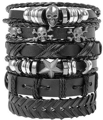 KRENIE 6 Pcs Leather Studded Bracelets, Adjustable Punk Wristbands