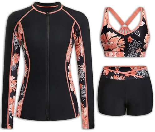 Daci Orange Floral Women 3 Piece Rash Guard - Long Sleeve Zip Up Swim Shirt with Sports Bra and Shorts UPF 50+ Modest Swimuits 2026 L