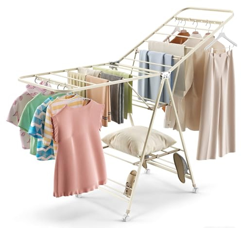 Rhyvorax Foldable Clothes Airer Drying Rack with Wheels, Heavy Duty 23-Bar Winged Laundry Airer - Adjustable Height, Free-Standing Indoor Outdoor Clothes Horse, Space Saving Carbon Steel Dryer