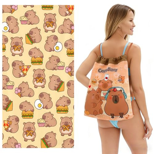 SYTTNUM Telo Mare Capibara & Borsa Portaoggetti, Capybara Asciugamano da Spiaggia, Asciugamano Capybara Telo Mare Microfibra, Ideale per la Palestra Spiaggia Piscina- 150 * 70CM (A)