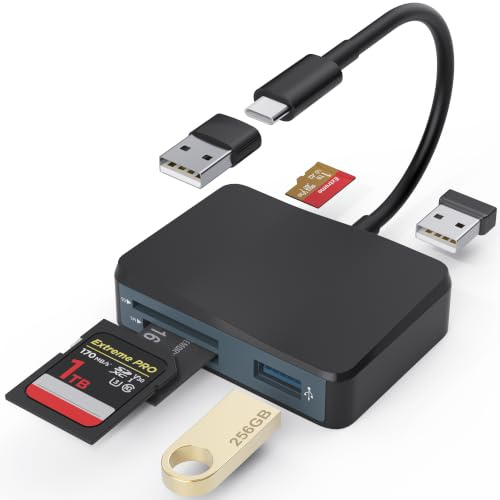SD Card Reader, Memory Card Reader for iPhone 17 with USB to USB-C Adapter | 5-in-1 USB-C Card Reader with SD/MicroSD/MS slots, Dual USB-A ports for iPhone 17/16/15, iPad, Android, MacBook