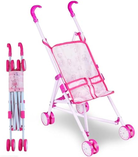 Passeggino Carrozzina per Bambole Giocattolo per Bambini Pieghevole Rivestimento in Tessuto Fantasia con 4 Ruote Dimensione 51 x 26 x 55 cm