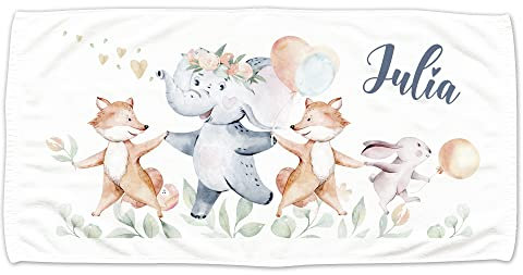 GRAZDesign Kinder Handtuch mit Namen, Waldtiere Hase Fuchs und Elefant, Badetuch für Mädchen von 2-10 Jahren Strand / 140x70cm