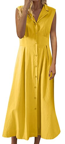 Abito da donna in cotone e lino, senza maniche, con bottoni, per il tempo libero, stile bohémien, giallo., XL