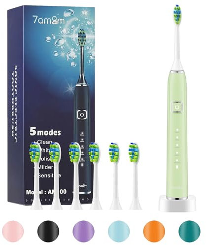 7AM2M Sonic Electric Toothbrush with 6 Brush Heads for Adults and Kids, One Charge for 90 Days, Wireless Fast Charge, 5 Modes with 2 Minutes Build in Smart Timer, Electric Toothbrushes(Light Green)