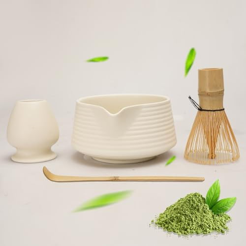 LUMIN TUTU Matcha Set, Matcha Tee Set Inkl. Matcha Besen, Teelöffel, Matcha Besen Halter und Matcha Schale mit Ausgießer, Perfekt für die Matcha-Zeremonie, Mattweiß