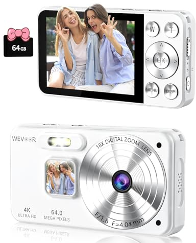 Digitalkamera 4K 64GB, Wevoor 64MP Autofokus Fotoapparat Fotokamera mit 2,8 Bildschirm, 18X Digitalzoom Kompaktkamera, 2000mAh Tragbare Mini Kamera für Anfänger Erwachsene Teens Reise Party Selfie