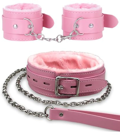 Gothic Plush Leather Collars Choker with Chain Detachable Leash Rope Small Pet Collar (Pink)
