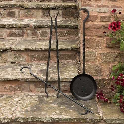 Crocus Collection 68cm Set of 3 Fire Pit Tools Tongs Fire Poker Hook Stirrer Traditional Chestnut Roaster Pan