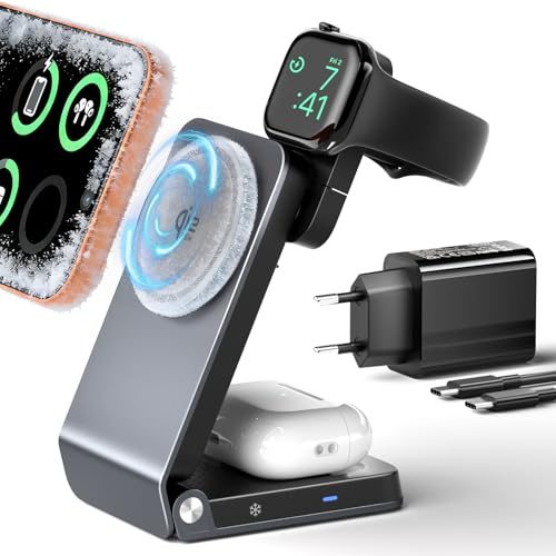 ALAFLY Station de Charge Magnétique 25W, Chargeur à Induction 3 en 1 Qi2.2, Chargeur sans Fil avec MagSafe pour iPhone 17, Apple Watch, AirPods (avec Adaptateur 45W)