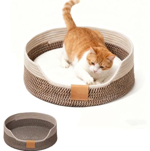 Xusxes Camas para Gatitos de Interior, Cama para Gatos con Cojín, Cesta Tejida para Gatos, Cesta de Gato, 40 cm, Lavable para Dormir para Todos los Gato, Universal para Todas Las Estaciones