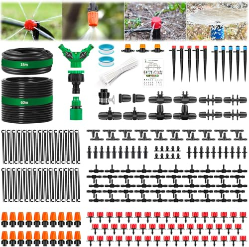 Sistema de Riego Jardín, 315 PCS Sistema de Riego por Goteo, 60M+15M Tubo, Sistemas De Riego Con Boquillas Y Goteros Ajustables Adecuados Para Jardines, Invernaderos, Huertos Y CéSpedes