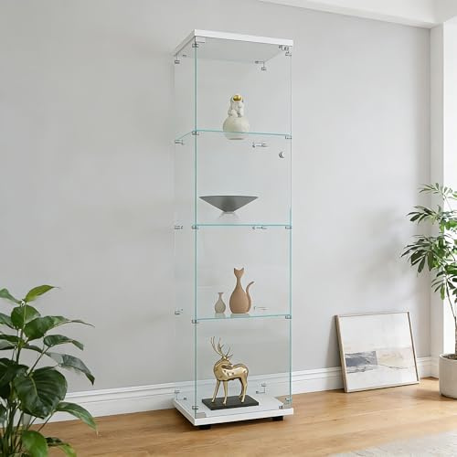 KRYZOR Vetrina in vetro in piedi 36 x 42 x 164 cm, armadio portaoggetti in vetro su piedistallo, 4 ripiani, vetrina per collezione con 1 ante e serratura, per bar, cucina e soggiorno (bianco - 4