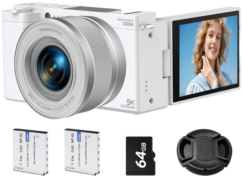 5K Digital Camera for Photography with 6X Optical Zoom, 2.8 Flip Screen Ultra HD Autofocus Vlogging Camera for YouTube with Anti-Shake Cámara Digital with 64GB SD Card UV Filter 2 Batteries