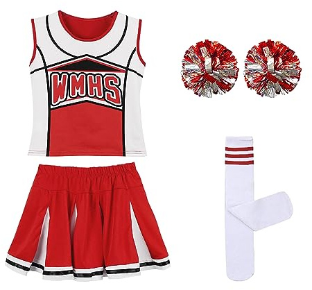 LOLANTA Mädchen rot & blau Cheerleader Kostüm befestigen Pom Poms Socken, Kinder Cheer Outfit Karneval Kostüm, Rot, 10-11 Jahre, 150