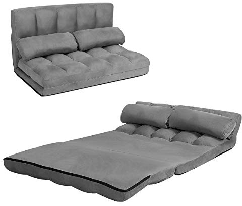 COSTWAY Double Folding Sofa Bed, 6-Position Adjustable Lounger Sleeper Seat Chair with 2 Pillows, Home Office Living Room Bedroom Floor Lazy Sofa Bed (Grey)