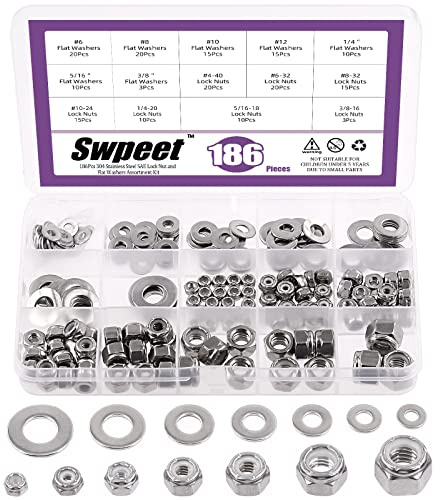 Swpeet 186 st SAE 304 rostfritt stål låsmutter och platta brickor sortimentsats, nyloninsats sexkantsmutter låsmuttrar (#8-32#10-24 1/4 tum–20 5/16-18 3/8-16#4-40#6-32#6#8#10#1222#122#12#12#12#12#12#12#12#12#12#12#12#12#12#1 1/10 ,2 tum 5/16 tum 3/8 tum)
