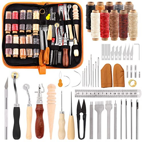 Swpeet 46Pcs Leather Craft Kit, Working Tools & Supplies with Waxed Thread Groover Awl, Stitching Punch, Tracing Wheel, Sewing Needles & More