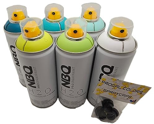 PROGAL COLORS NBQ Pro Sprühfarbe CLEAR WATER PACK (H2O 6 x 400 ml + 3 x Diffusor) Sprühfarbe auf Wasserbasis - geruchsarm - GRAFFITI MURALISME