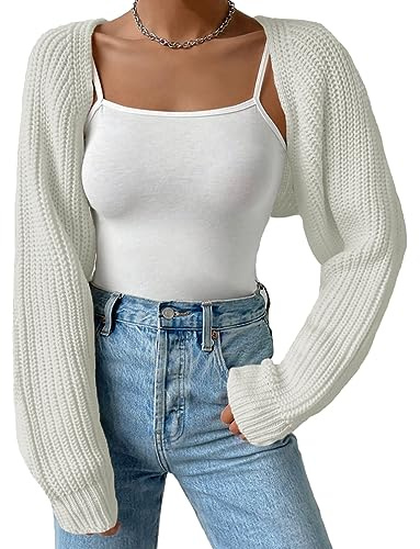 Fuimsul Women Open Front Ribbed Knit Crop Bolero Drop Shoulder Long Sleeve Solid Loose Fit Knitted Crop Cardigan Shrug White