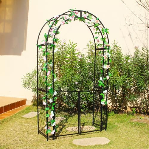 SCENDOR Tonnelle robuste avec portail, 124 cm x 212,1 cm, treillis en fer pour roses, vignes, support pelouse, jardin, terrasse, fête de mariage