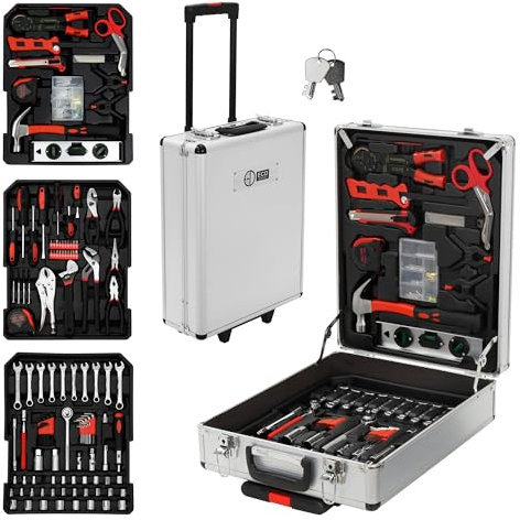 ECD Germany Mallette Coffre à Outils avec Roulettes, 180 Pièces, Argent, en Aluminium/Acier au Chrome-Vanadium, 4 Niveaux, avec Poignée, Caisse Boîte Valise Outillage, Résistant à la Corrosion