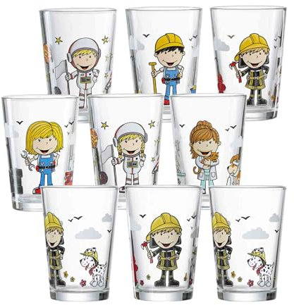 Ritzenhoff & Breker Kinderbecher mit Motiven, 9er Set, 205 ml, Spülmaschinengeeignete Kindergläser, Berufe Jungen & Mädchen/Feuerwehrmann Bernie, Bunte Berufs-Motive