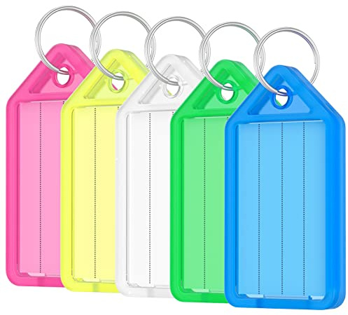 Uniclife 40 Piezas Llaveros de Plástico con Etiquetas de Papel en Blanco, Llaves Identificador de Clave Escribible con Fundas Transparentes y Anillas Divididas Resistentes, 5 Colores