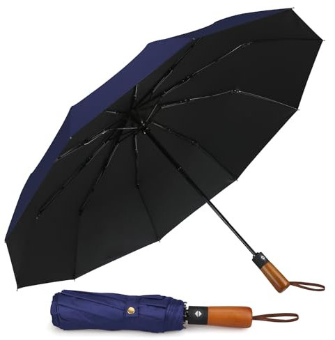 Hannstar Folding Travel Umbrella Windproof Strong with Wood Handle - Automatic Brolly for Men and Women - 10 Ribs Fiberglass Strong umbrella for Rain & UV Sun Protect