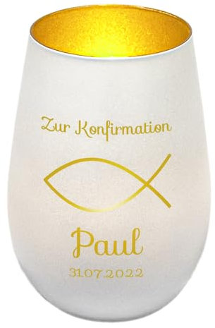 Windlicht mit Gravur zur Konfirmation | Weiß/Gold | Motiv Fisch | Geschenk zur Konfirmation Junge Mädchen | Tischdeko und Konfirmationsgeschenk personalisiert | Teelichtglas
