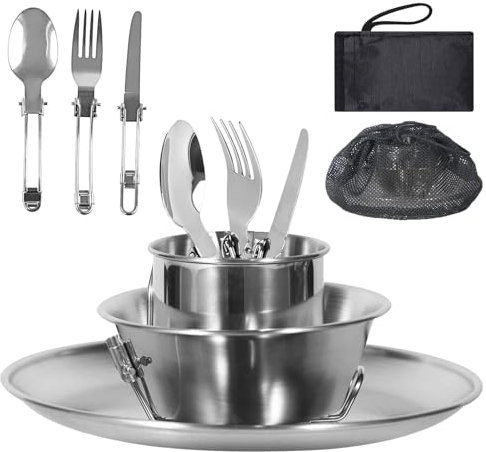 Camping Geschirr Edelstahl 8 Teiliges, mit Faltbare Besteck, Teller, Tasse, Schüssel, Netzbeutel, Camping Besteck Set, Outdoor Geschirr Set 1 Person für Wandern Camping Picknick, Campinggeschirr Set