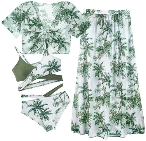 AIEOE Niñas 4-Piezas Impreso Bikini Split + Triángulo Bañador Trunks + Top + Falda Larga con Patrón Boho Floral para 12 Años Verde A