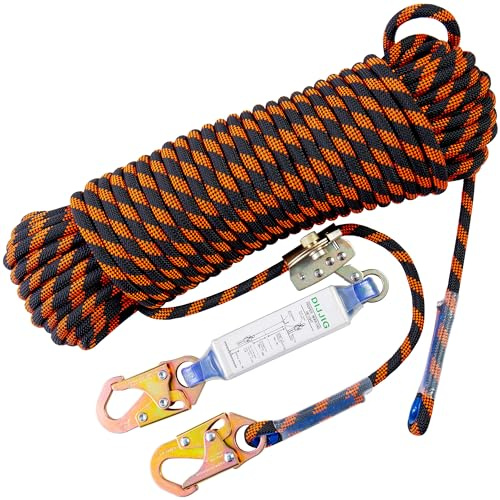 DIJJIG Rope Harness Safety Lanyard 25ft Vertical Roofing Rope With Grab Snap Hooks Shock Absorber Fall Protection Tree Climbing Line Kit Heavy Duty Roof Safety Equipment ANSI CE