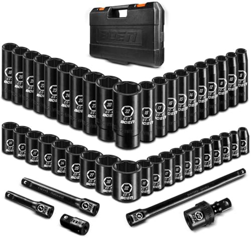 boen 45PCS 1/2” Drive Metric Socket Set, Impact Deep& Shollow Socket(9mm-32mm), 6 Point Lug Nut for Auto Repair with Portable Case, CR-V Steel
