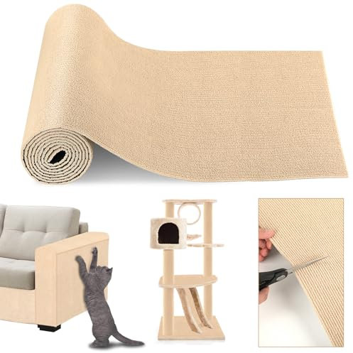 GROFIS 200cmx40cm Selbstklebend Kratzmatte, DIY Kratzschutz Sofa, Kratzteppich für Wand Tür Möbel Katzenständer Katzenturm, Kratzmöglichkeiten für Katzen, Khaki